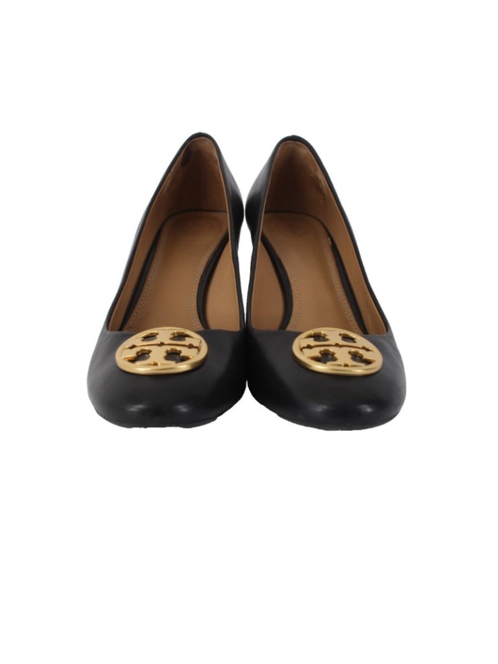 Tory Burch Wedge Heels Sz 8 Black Gold Hardware Leather 2.5 Wedge Logo Heels - Picture 2 of 9